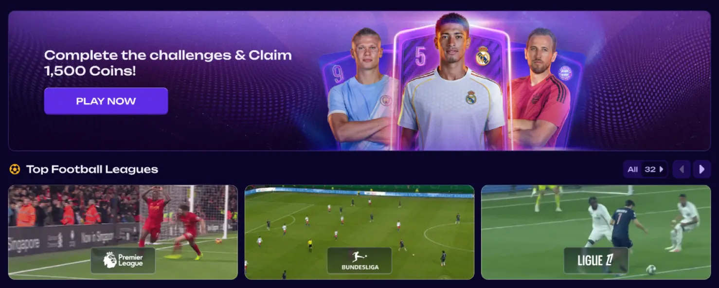 baner wyzwań z nagrodą 1 500 coins i lista topowych lig piłkarskich na stronie sportowej baner z wyzwaniami i nagrodą 1 500 coins z przyciskiem play now oraz sekcja top football leagues z kafelkami premier league bundesliga i ligue 1